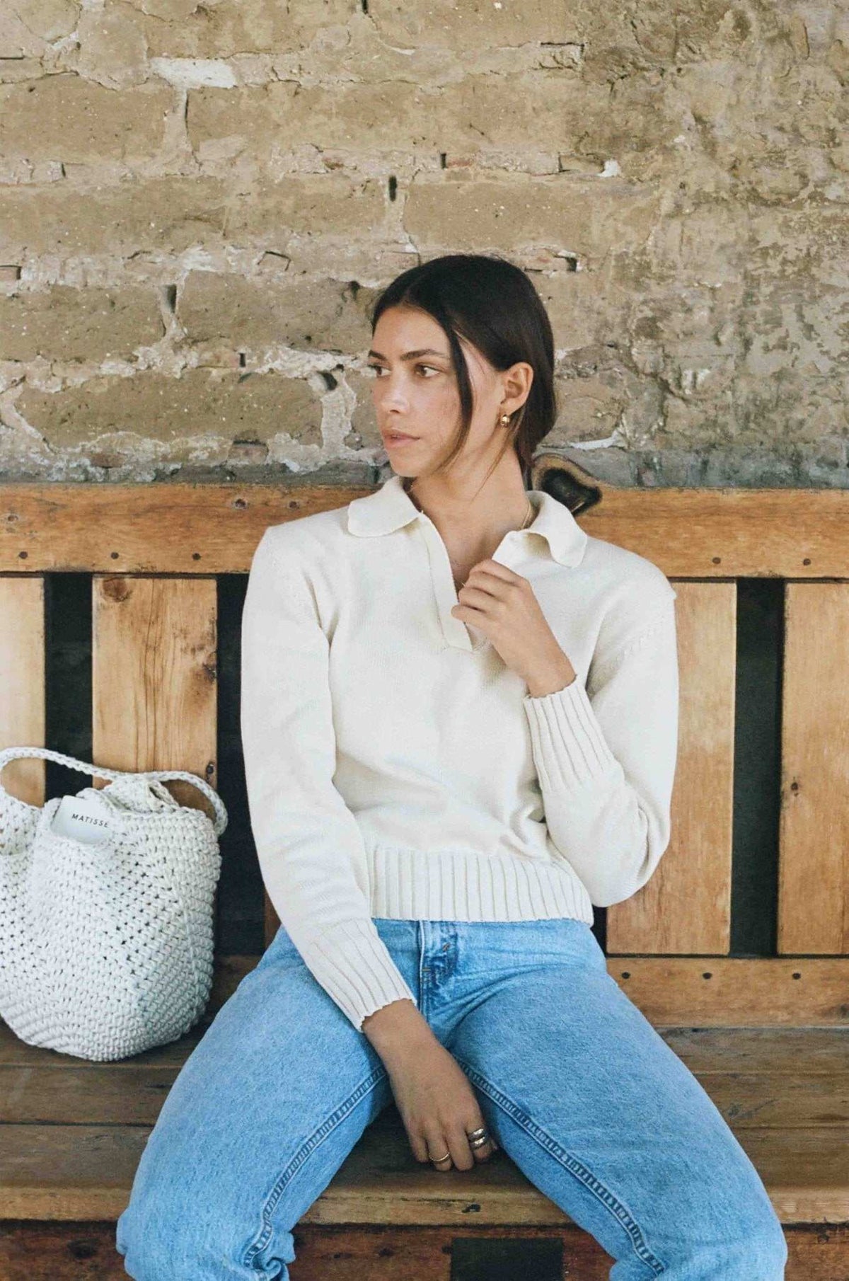 Collared V-Neck Rib Hem Knit Sweater