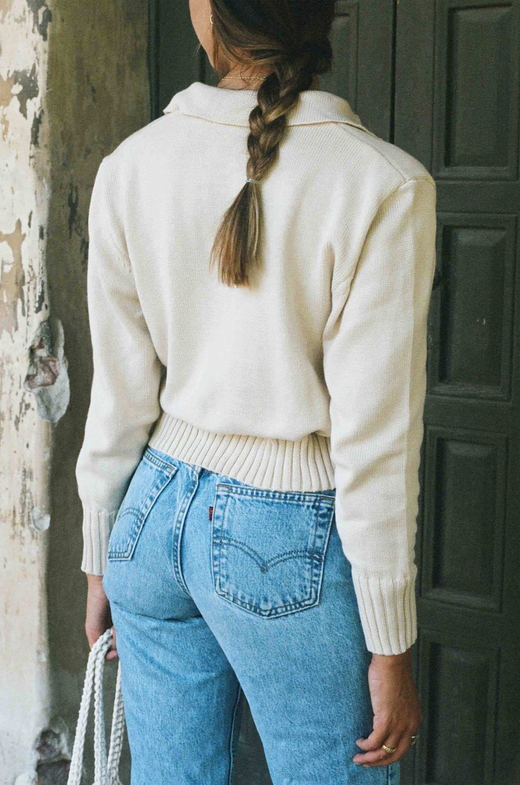 Collared V-Neck Rib Hem Knit Sweater