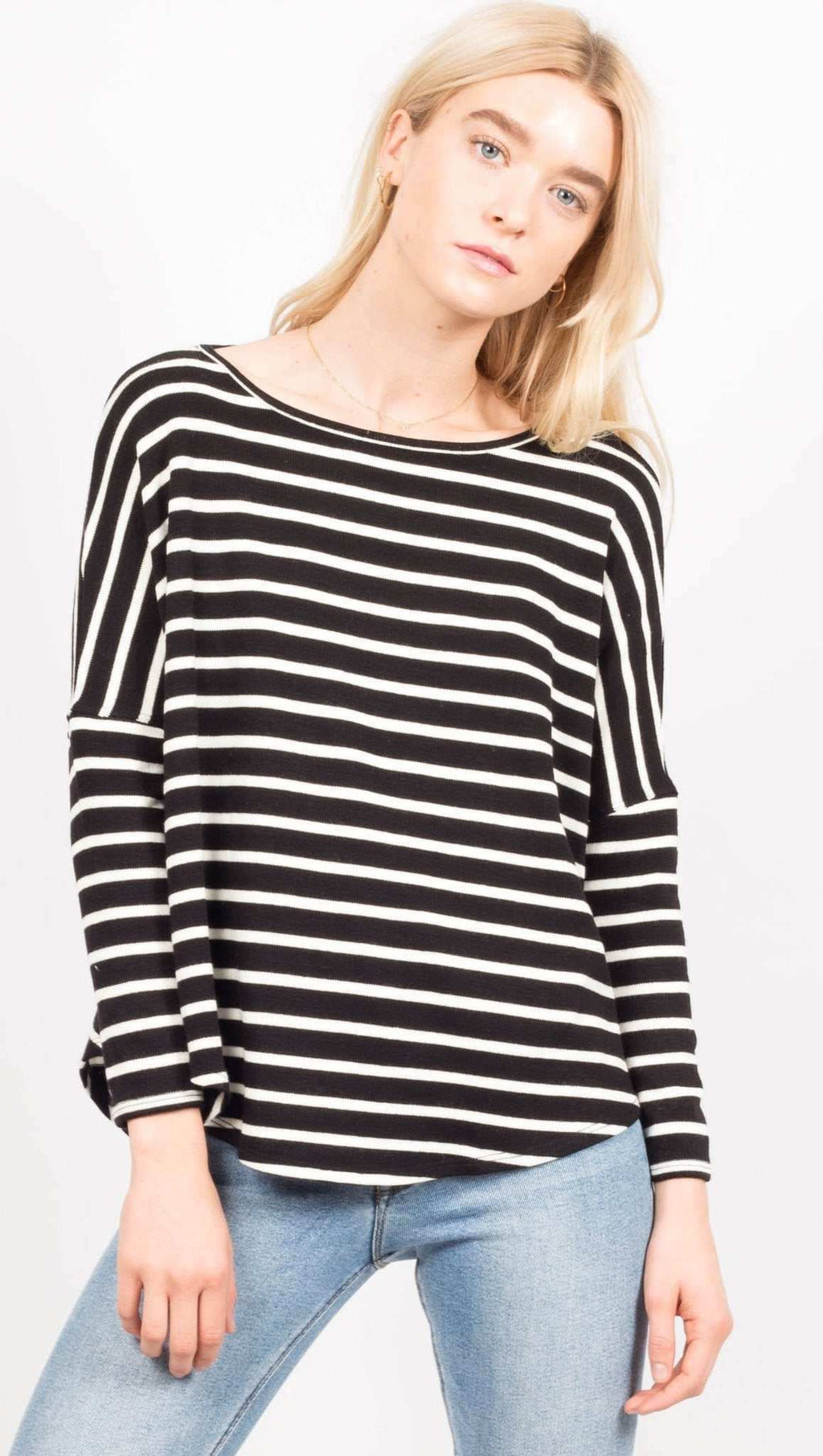 Dolphin Sleeve Striped Boat Neck Top