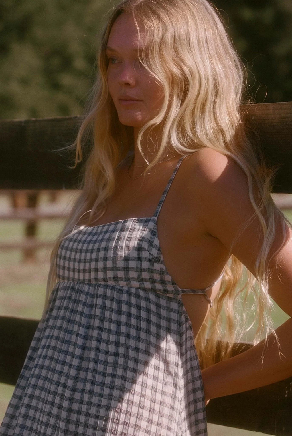 Gingham Crinkled Cotton Cross Back Maxi Dress