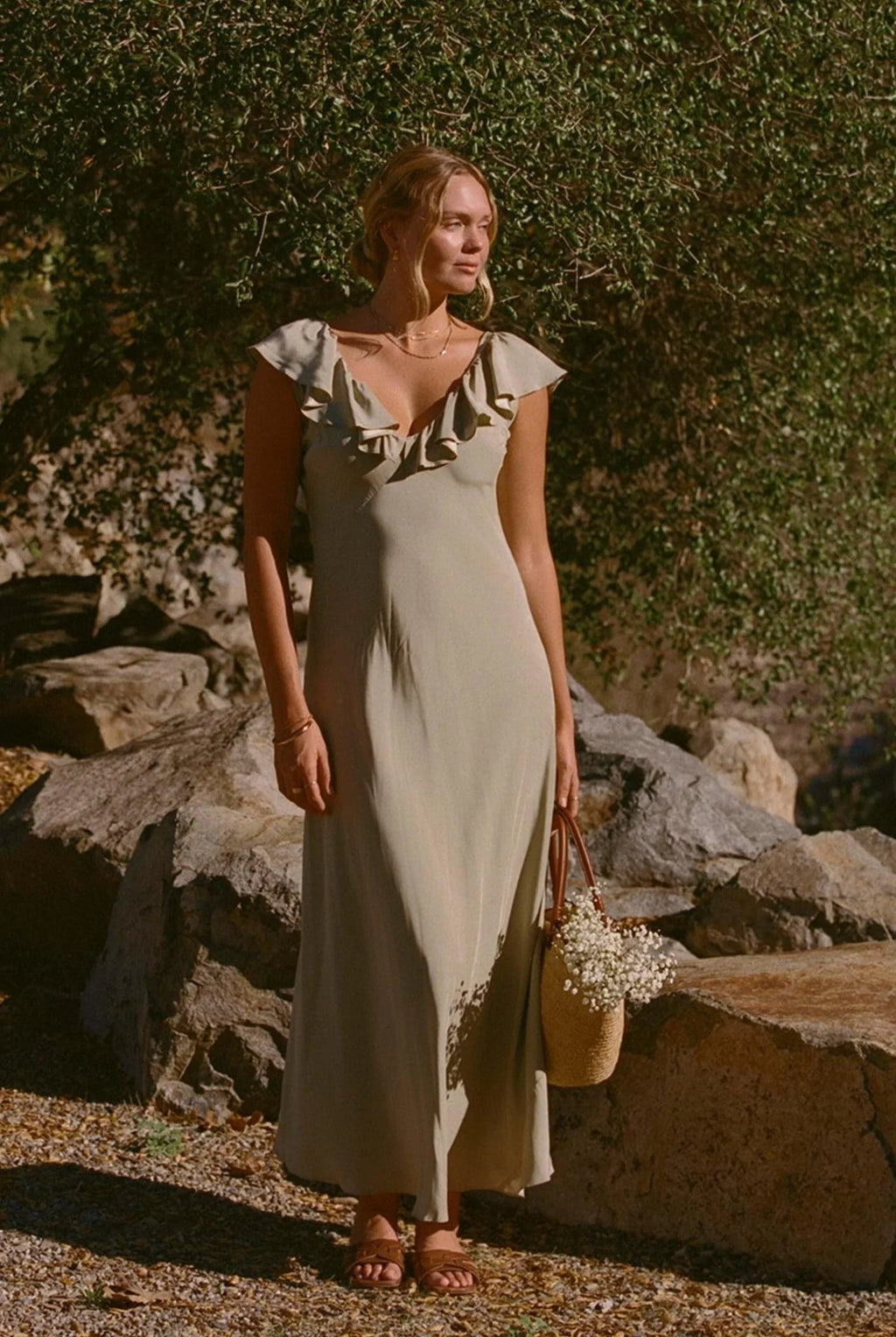 Ruffle V-Neck Low Back Silk Midi Dress