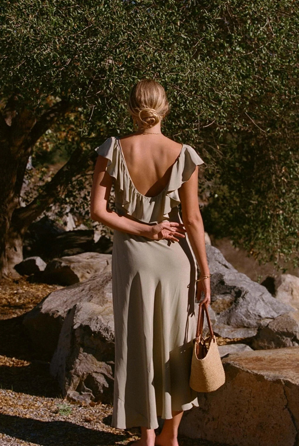 Ruffle V-Neck Low Back Silk Midi Dress