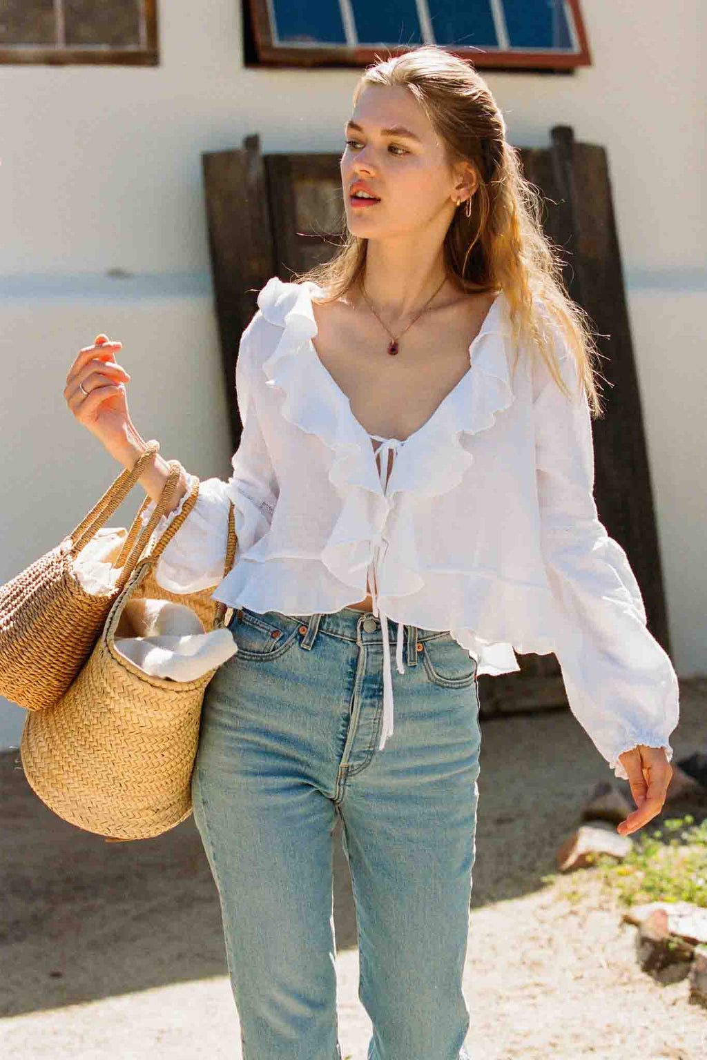 Ruffle V-Neck Tie Front Top