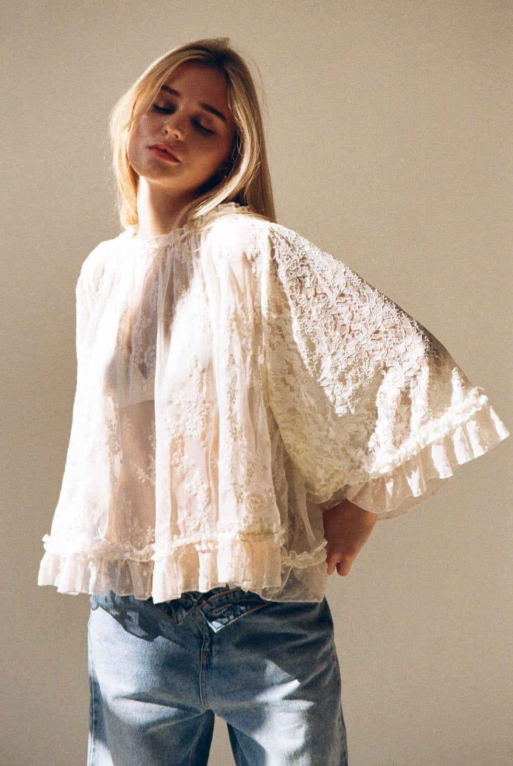 Sheer Lace Ruffle Blouse