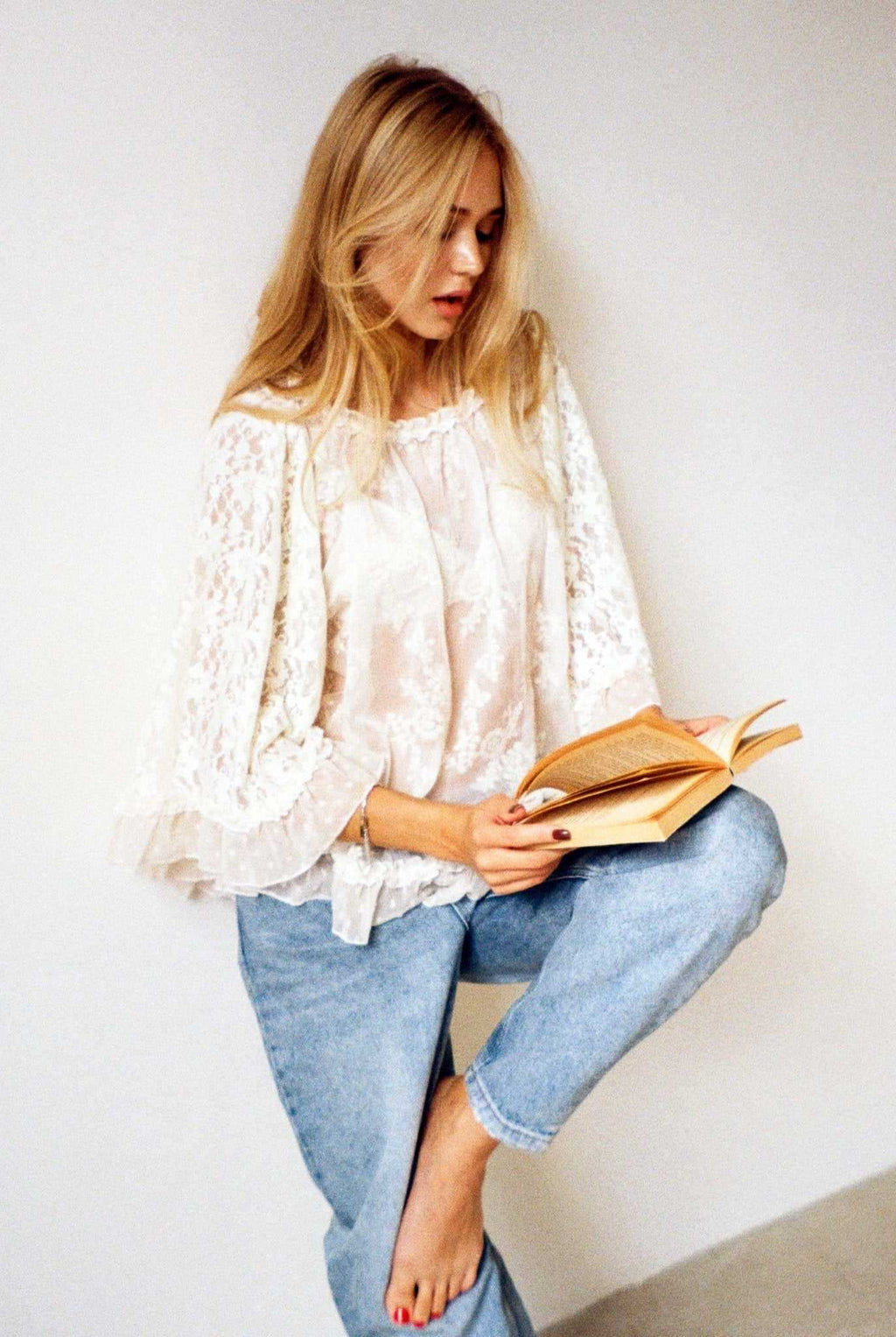 Sheer Lace Ruffle Blouse