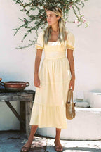Square Neck Puff Sleeve Midi Dress