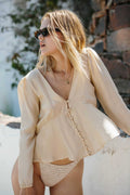 V-Neck Button Front Silk Peplum Top