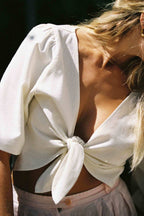 V-Neck Tie Front Silk Top